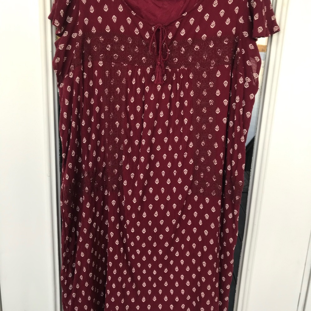 Ladies Old Navy XXL Burgundy & Off White/Tan Small Print Lined 100% Cotton Dress